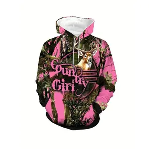 Women's Plus Size Camouflage Pink Deer Print Hoodie - Casual Polyester Blend Pullover with Slight Stretch, Knit Fabric Hooded Sweatshirt with Kangaroo Pocket