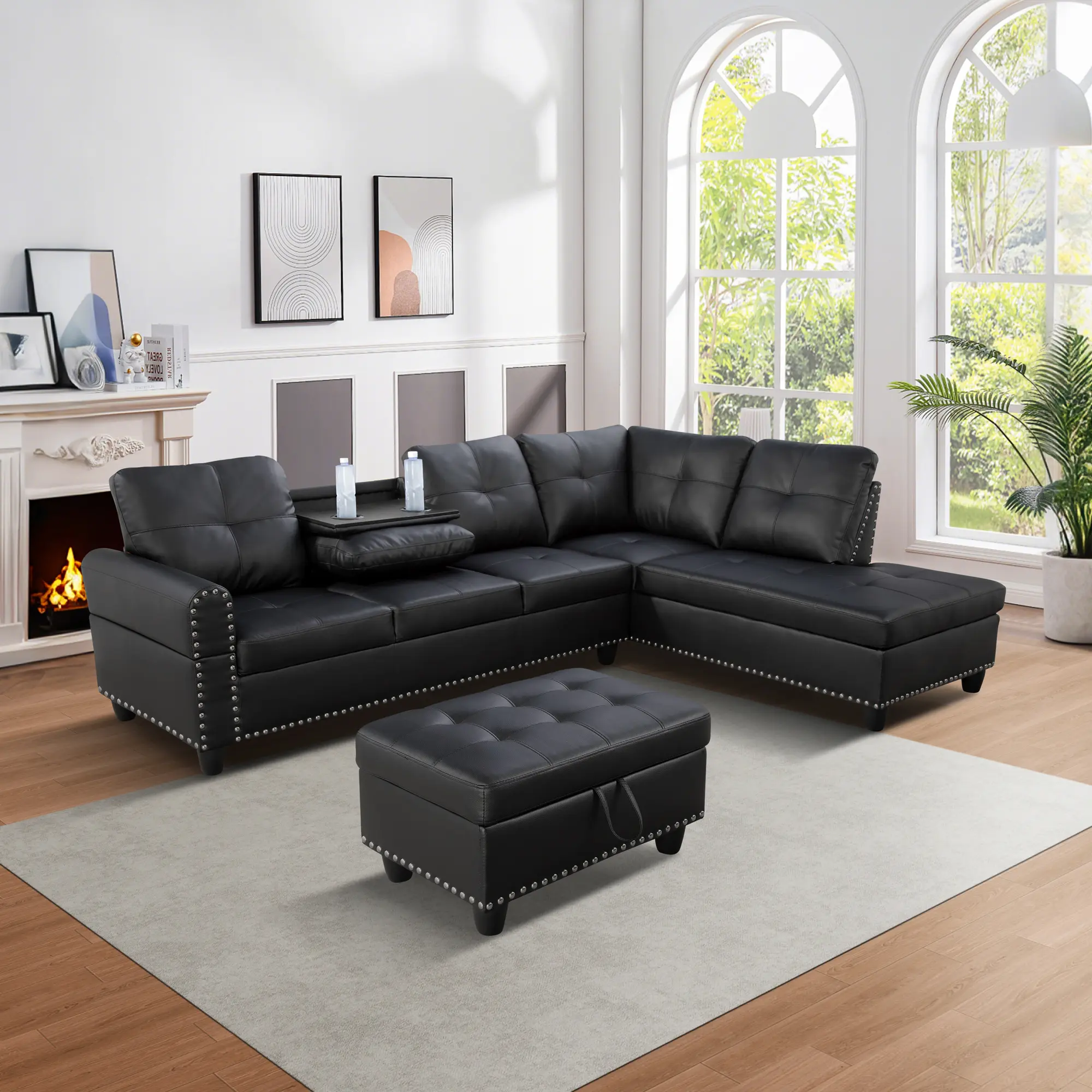 Modern Black Leather Sofa Set with Ottoman and Studded Details for Living Room Comfort and Style