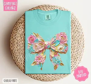 Floral Painted Bow Shirt Comfort Colors, Trendy Women's Spring Tshirt