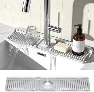 AMA SNOW 24 Inch Faucet Mat for Kitchen Sink, Silicone Splash Guard for Kitchen Sink Area, 7° Slope Fast Self-Draining Sink Mat, Cuttable Hole Design, Sink Backsplash Guard Draining Mat