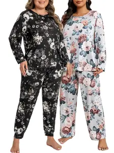 Plus Size 1XL-5XL Women's 2-sets Pajama Set with Black and Gray | Long-Sleeve Top & Full-Length Pants | Soft Breathable Loungewear