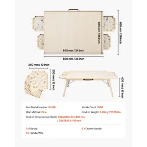 VEVOR 1500 Piece Puzzle Table with Folding Legs, 4 Drawers and Cover, 34x25 in Portable Wooden Board, Jigsaw Puzzle Accessories for Adults, Puzzle Organizer Storage System, Birthday Gift for Mom