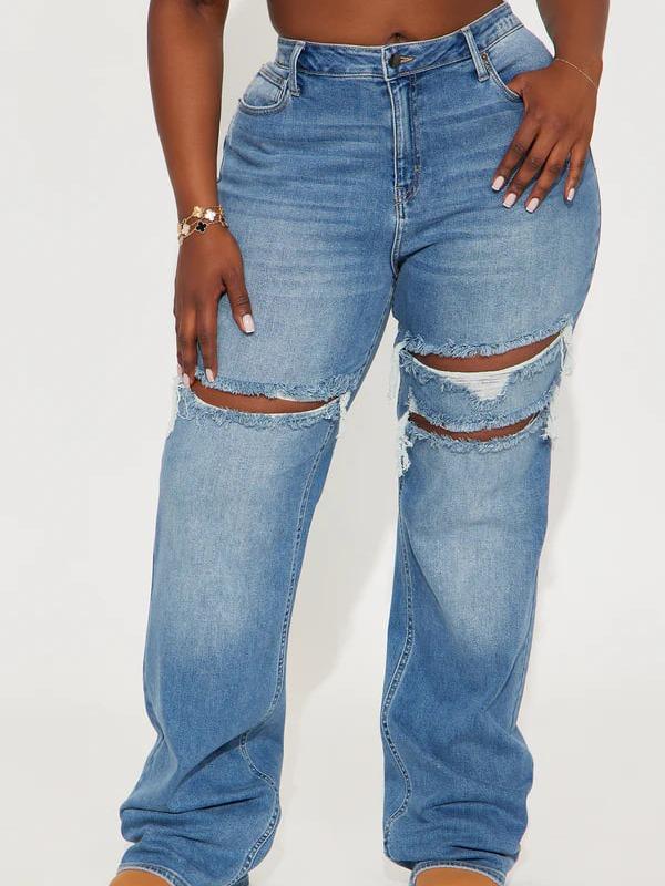 Petite Remi Ripped Stretch Baggy Jeans - Medium Wash