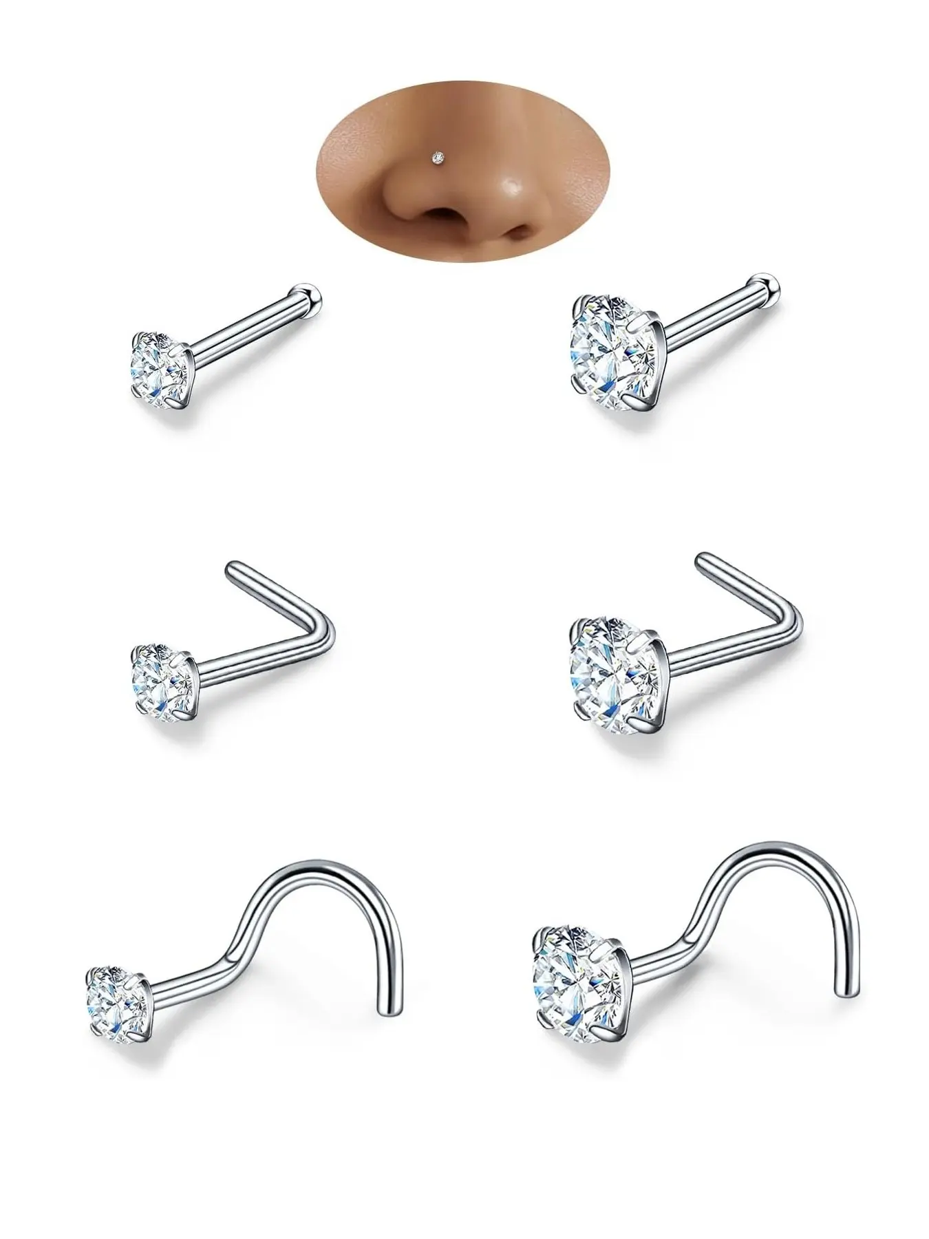 6PC 20G 5A-Grade Zircon Nose Rings Hoops and Studs for Women & Men, Hypoallergenic L-Shaped Nose Stud, Corkscrew Nose Piercing Nose Studs, Chic Body Jewelry Set