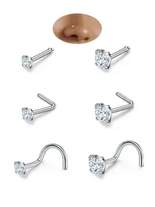 6PC 20G 5A-Grade Zircon Nose Rings and Studs for Women & Men, Hypoallergenic L-Shaped Nose Stud, Corkscrew Nose Piercing Nose Studs