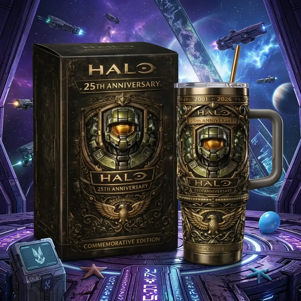 Halo 25th Anniversary Combat Evolved (2001 2026) Master Chief 40oz Tumbler with Handle, Stainless Steel Travel Cup with Straw and Lid, Reusable Insulated Water Bottle, Gaming Drinkware, Travel Cup, Gamer Gift
