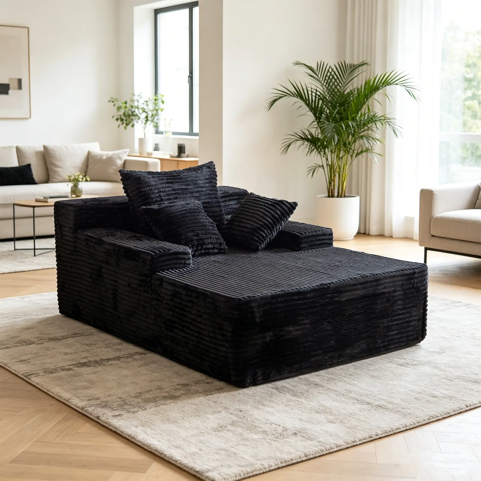 HARBORA 67" Vertical Stripes Plush Corduroy Boneless Chaise Lounge - Official Cup Holders, Armrests, Throw Pillows, Modern Glam Upholstered Sofa Bed, Indoor Sleeper Chair, Pre-Assembled, Portable Magic Furniture, Max 400 lbs Supportive couch velvet