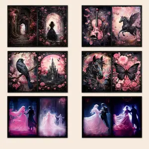 Gothic Style DIY Craft Materials, Creative Craft Kit, 52pcs/set Including 12pcs Paper & 40pcs Stickers, Sticker Packs, Butterfly, Horse, Girl Pattern Paper, Background Paper for DIY Scrapbooking Journal Making