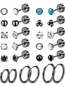 Cool 13 Pairs Black Cute Hypoallergenic Flat Back Earrings Studs Earrings Colorful Surgical Steel Earrings for Women Men 20G Flat Back Stud Cartilage Earring Hoop Tragus Piercing Jewelry Set