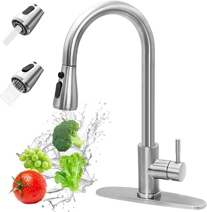 Brushed Nickel High Arc Pull Down Sprayer Kitchen Faucet - Plastic & Stainless Steel, Single Handle, 360° Swivel High Arc Spout, 1/3 Hole Deck Plate, Modern Industrial Pull Spray for Residential Use, Higharcspout