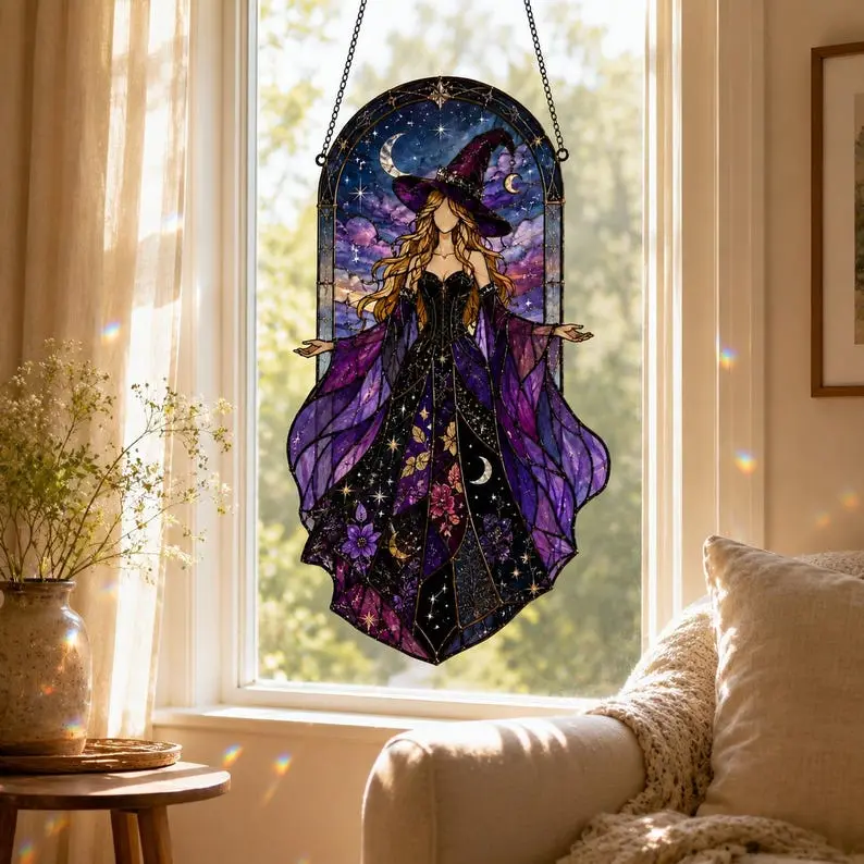 Witchy Moon Acrylic Suncatcher, Stevie Nicks Inspired Celestial Window Hanging, Witchy Gift for Her, Moon Star Decor, Halloween Gift