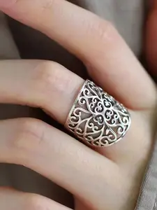 Hollow Flower Ring Boho Adjustable Open Finger Rings ,Boho Style Copper Filigree Ring, Fashion Hollow Out Wide Band, Unisex Casual Daily Jewelry Accessory,Fashion Jewelry Wedding Ring for Women Statement Rings