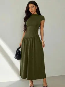 Women's Stand Collar Puffed Sleeve Pleated Long Dress - Solid Brown Summer Casual - Elegant Modest Style