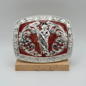 San Judas Tadeo Belt Buckle - Hebilla de San Juditas, Silver Western Cowboy Rodeo Style, Maroon Background, Mexican Religious Jewelry for Men