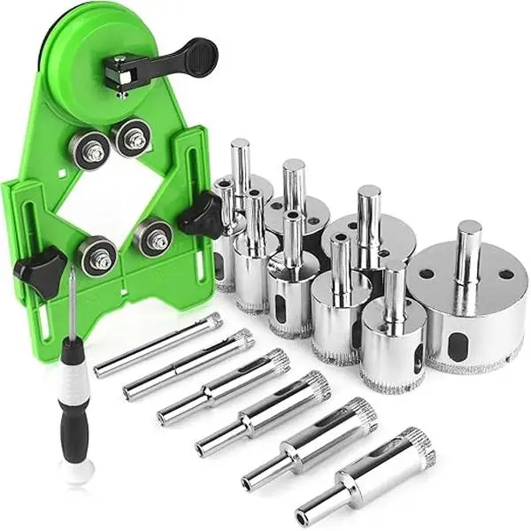 17PCS Diamond Hole Saw Kit - Tile Drill Bits Set with Double Suction Cups & Guide Jig, 4mm-83mm Serrated Hollow Drill for Ceramic, Glass, Tile, Porcel
