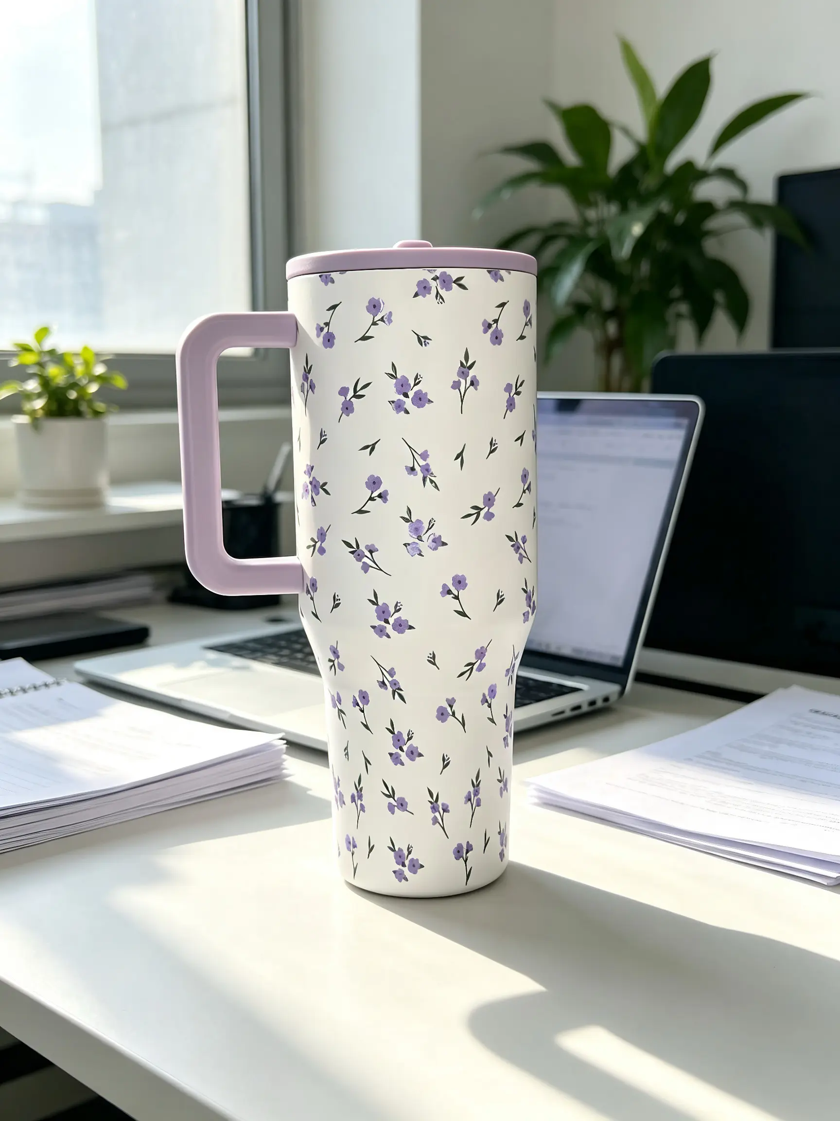 HydroJug 40oz Insulated Stainless Steel Portable Flask - Purple Floral Stylish Water Bottle with Handle, BPA-Free, 24H Cold Retention for Gym, Travel