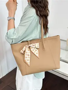 Litchi Texture Large Capacity Tote Bag, Silk Scarf Decoration Commuter Handbag, Soft Leather Shoulder Bag, Women's Versatile Crossbody Bag