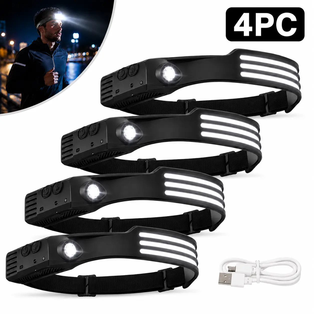 1/2/3/4 Pack Ultra Bright Motion Sensing Head Mounted Flashlight, Wide Range Strip LED Headlamp with Adjustable Headband, Hands Free Head Light for Outdoor Running, Camping, Fishing, Biking & Indoor Night Maintenance