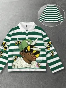Fashionable rapper green striped polo long-sleeved T-shirt for men and women, unisex European and American streetwear shirt with bee print pattern, pinstripe polo collar long-sleeved shirt Y2K style