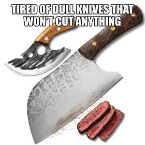 Portable 2PCS Butcher Cleaver & Viking Knife Set, High Carbon Steel Full Tang Sharp Blade with Leather Sheath, for Outdoor Camping, BBQ, Hiking, Home Kitchen Meat Cutting, Great Gift for Outdoor Enthusiasts, Men & Women