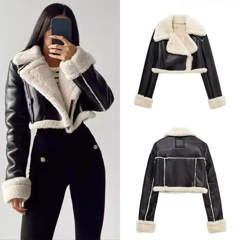 Women's Cropped Leather Jacket Coat Black  Blends Coats Bomber Tweed Jacket Autumn Winter Leather and Fur Crop Jacket used with raincoat