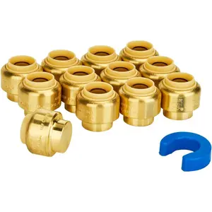 1/2 Inch Cap, 1/2 Inch Push Cap, No Lead Brass Plumbing Fittings End Stop, Caping off PEX Pipe, Copper, CPVC, with 1 Disconnect Clip, Pack of 12