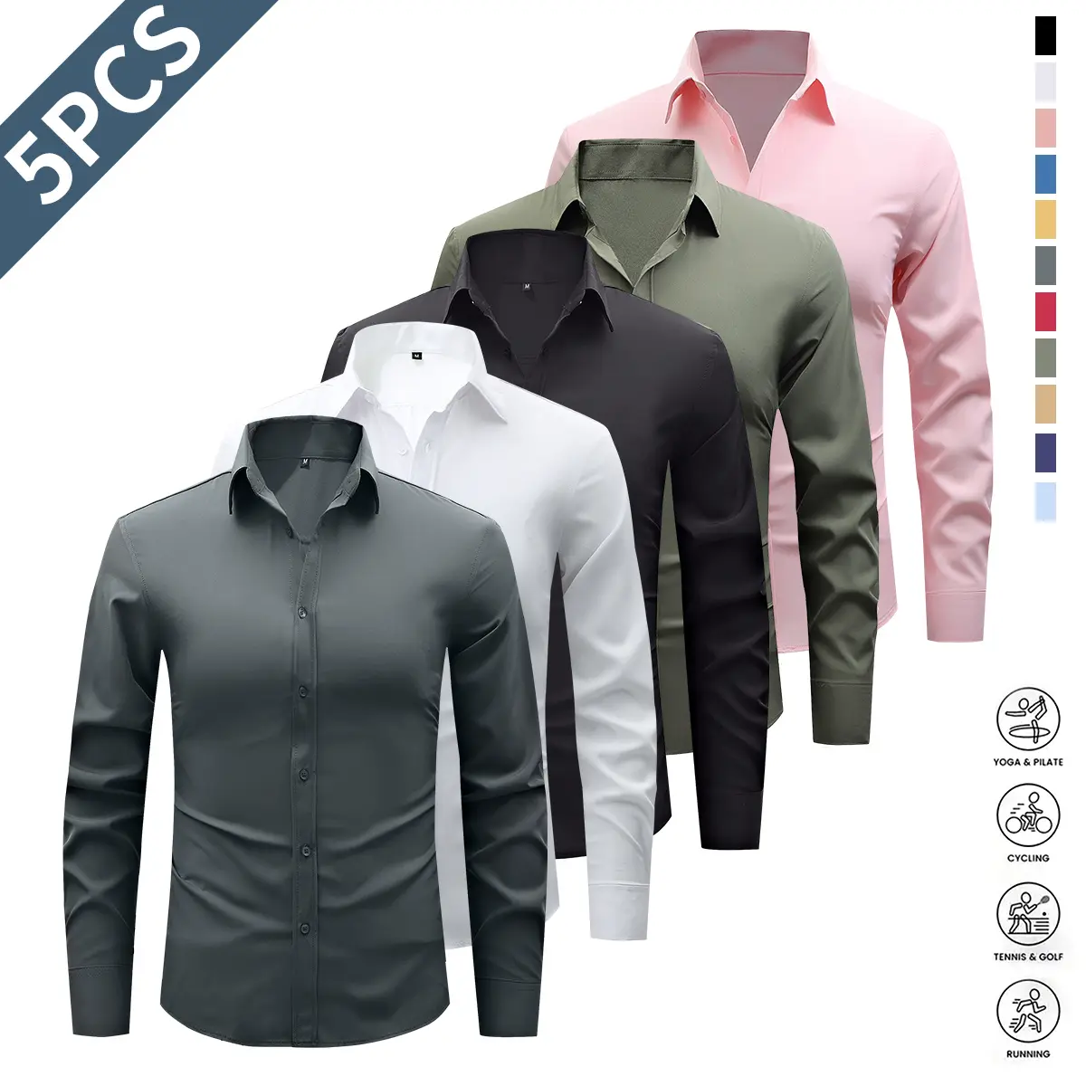 5 Pack Men's Dress Shirts - Wrinkle-Free Point Collar Long Sleeve Business Shirts, Solid Color Regular Fit H-Cut, Soft & Comfortable Fabric, Suitable for Work, Parties, Office 5 Pack Men's Dress Shirts - Wrinkle-Free Point Collar Long Sleeve Business Shirts, Solid Color Regular Fit H-Cut, Soft & Comfortable Fabric, Suitable for Work, Parties, Office