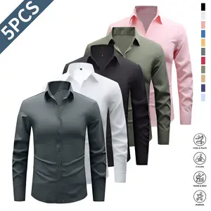 5 Pack Men's Dress Shirts - Wrinkle-Free Point Collar Long Sleeve Business Shirts, Solid Color Regular Fit H-Cut, Soft & Comfortable Fabric, Suitable for Work, Parties, Office