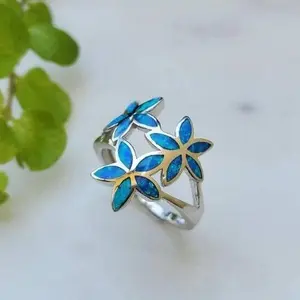 Sterling Silver Hawaiian Plumeria Blue Opal Ring