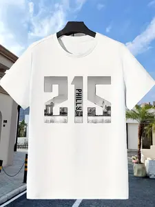 Men'S Vintage Philadelphia Philly 215 Area Code T Shirt Black with White Skyline Graphic Men'S Round Neck Creative Print Short Sleeve T Shirt Suitable for Spring And Summer Casual And Versatile Comfortable Top Soft Fabric Suitable Outfits for Valent
