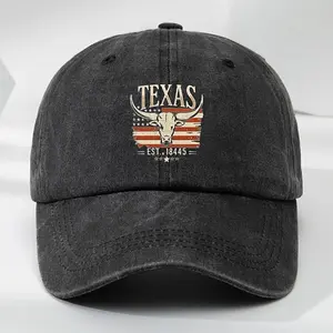 A Stylish Outdoor Men'S Baseball Cap Featuring a TEXAS Bull Head Print, Washed for a Vintage Look, Perfect for Sports And Sun Protection.