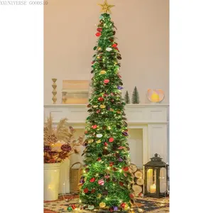 6 FT Pop Up Christmas Tree with 100 LED Timer Lights & Remote, Green Collapsible Christmas Tinsel Tree Artificial Pencil Tree Xmas Decoration for Holiday Home Office Party, USB PoweredXXUNIVERSE GOODS10