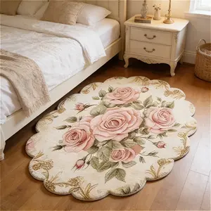 French-Style Vintage Bedroom Bedside Rug, European Country-Style Living Room Decorative Rug, High-End Light Luxury Reading Area and Play Area Plush Rug with Wavy Edge Design, Cloakroom Vanity Floral Shaped Rug, Washable Kitchen Bathroom Entryway Non-Slip