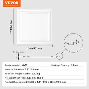 VEVOR Ceiling Tiles, 96-Pack 20x 20 in, Drop Ceiling Tiles Premium Polystyrene Sheet, Easy Installation/ Cutting Plastic Glue-up Ceiling Tile, Basement Ceiling Covering for Home/Office Decoration
