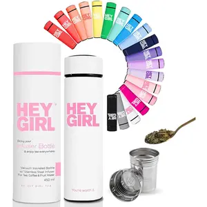 Hey Girl Tea Infuser Bottle 450Ml - Insulated Stainless Steel Water Bottle - Thermos Tea Tumbler with Tea Diffuser - Portable Travel Mug for Loose Leaf Tea & Infused Water - Tea Lovers Gifts for Women Hey Girl Tea