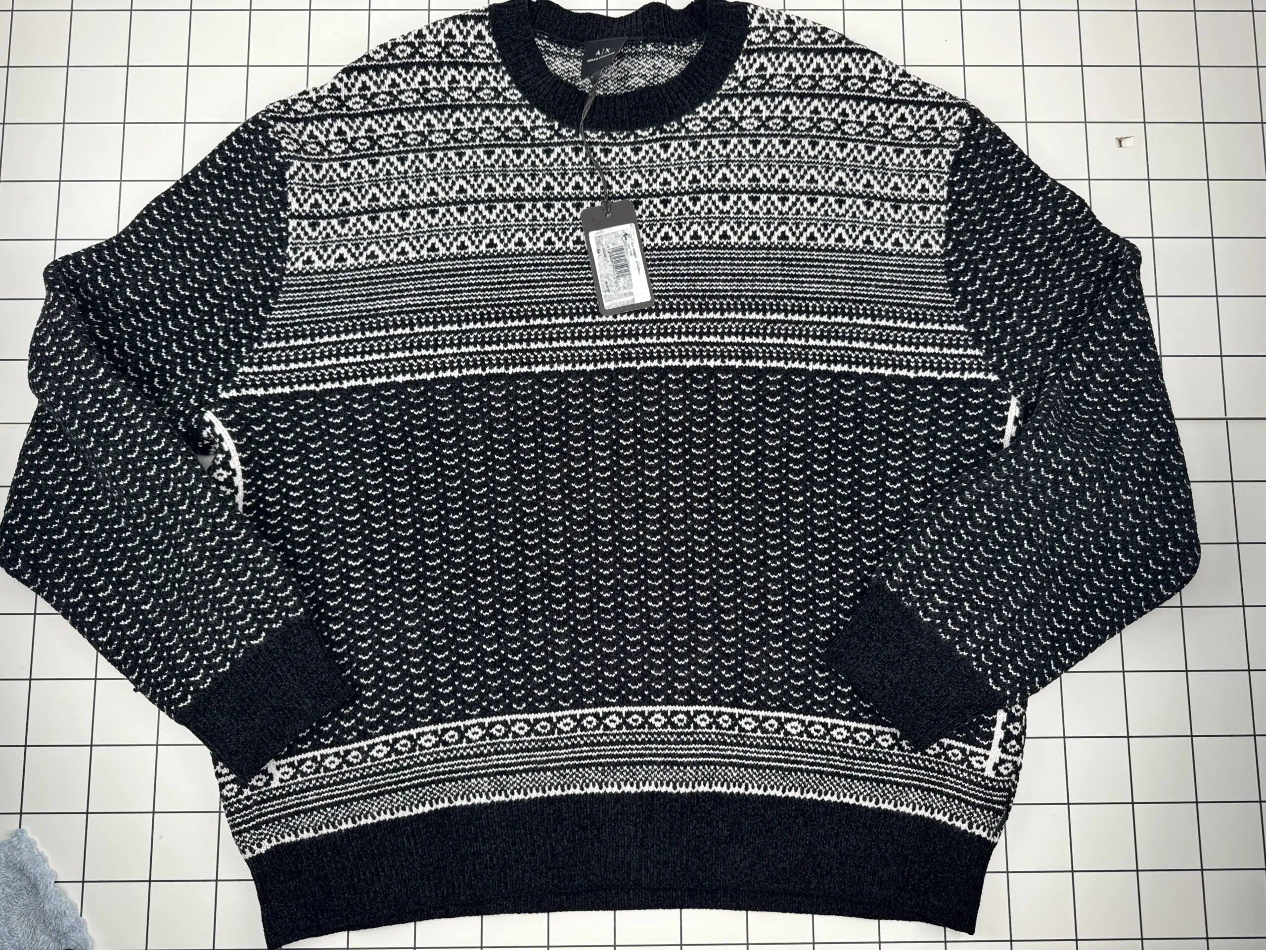 Armani Exchange Men's Stylish Round Neck Casual Knitwear Pullover - Classic Ribbed Black and White Patterned, Size L, Menswear Tops