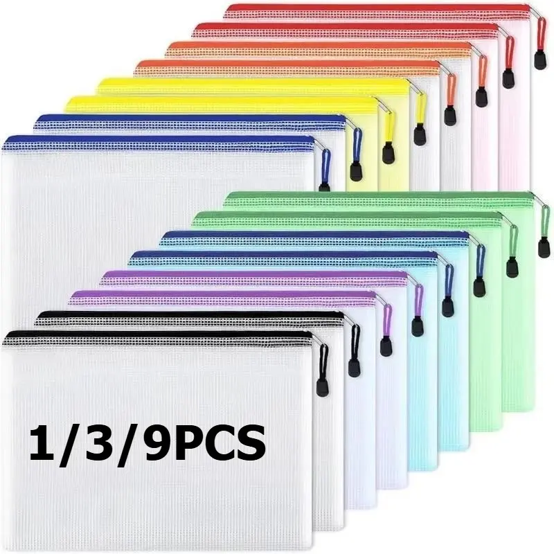 1/3pcs PVC transparent waterproof mesh zipper file bag Mesh zipper archive bag Storage office supplies Household storage bag Stationery Organizer Desk Organizers