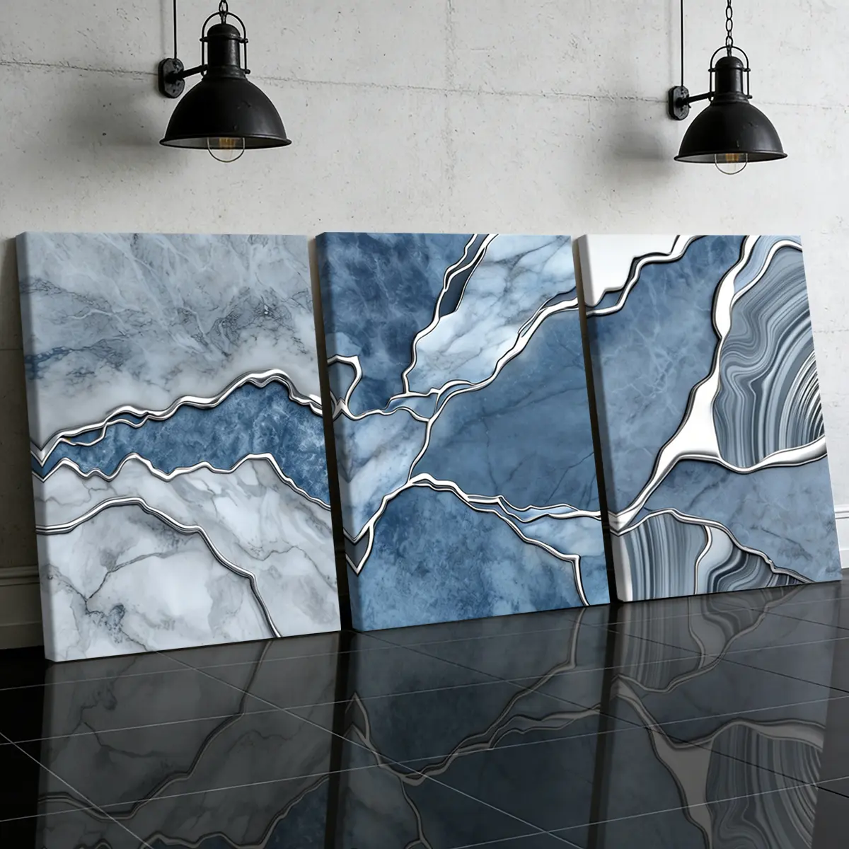 3 Counts Wooden Framed Canvas Painting, Abstract Design Blue Marble Texture Images, Exquisite Poster, Perfect Gift, Decor For Living Room, Bedthroom, Modern Art, Fashion Family Poster, Wall Art Decoration