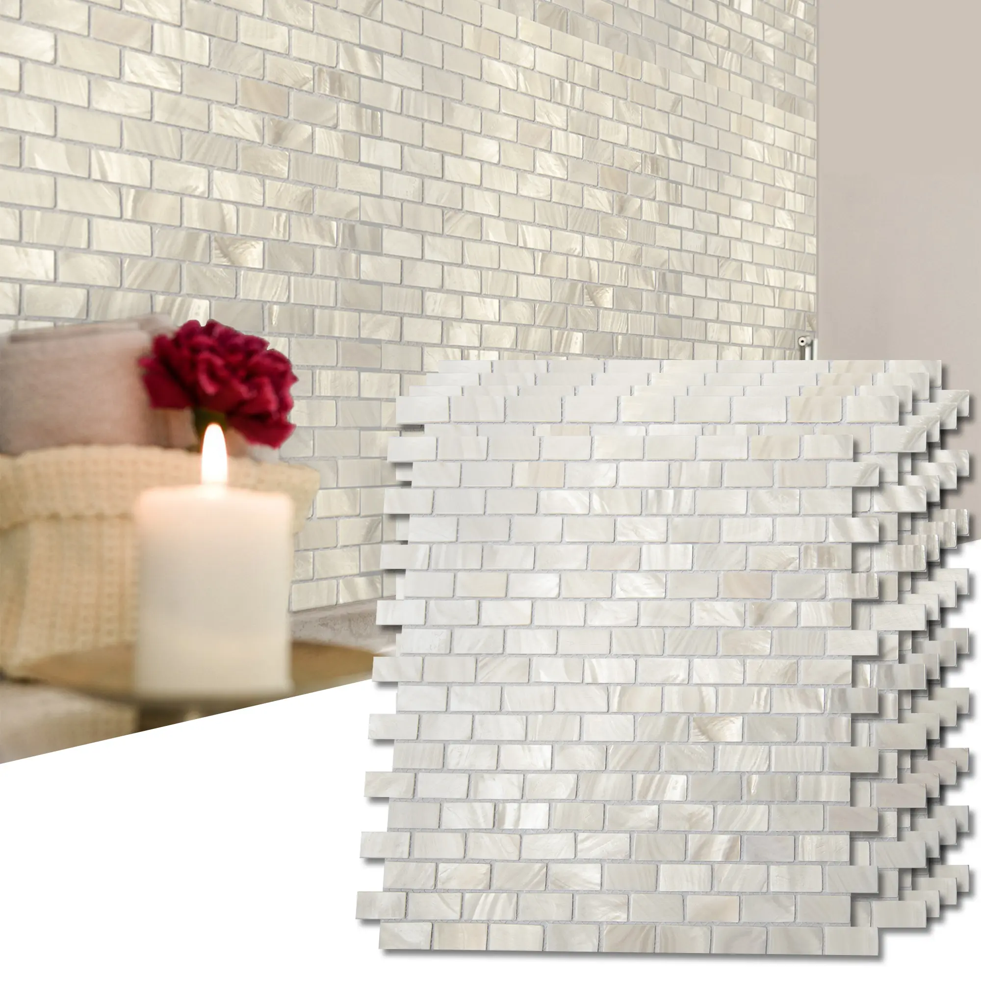 Art3d Handcrafted Natural Shell Decorative Mesh Cuttable 3D Wall Panels, 10 Sheets 12"x12", Genuine Mother of Pearl Subway Panels for Kitchen Backsplashes, Bathroom Walls, Swimming Pools