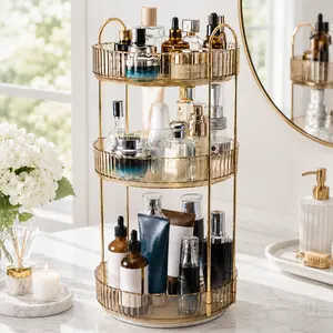 360 Rotating Makeup Organizer, 3 Tier Large Capacity Skincare Storage Stand for Dresser Vanity, Bathroom Cosmetics Perfume Organizer Countertop, Space-Saving Revolving Beauty Rack, Aesthetic Room Decor Clear Crystal Acrylic Accessory Shelf