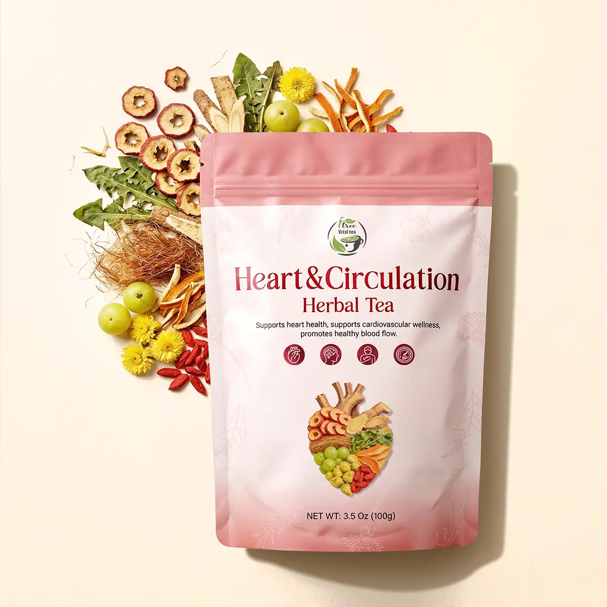 iTree Vital-Tea Heart Support Herbal Tea - 8 Superherbs Blend, 100g, Caffeine-Free, Non-GMO, Hawthorn, Burdock Root, Goji Berry, Natural Botanical Daily Beverage,back to school