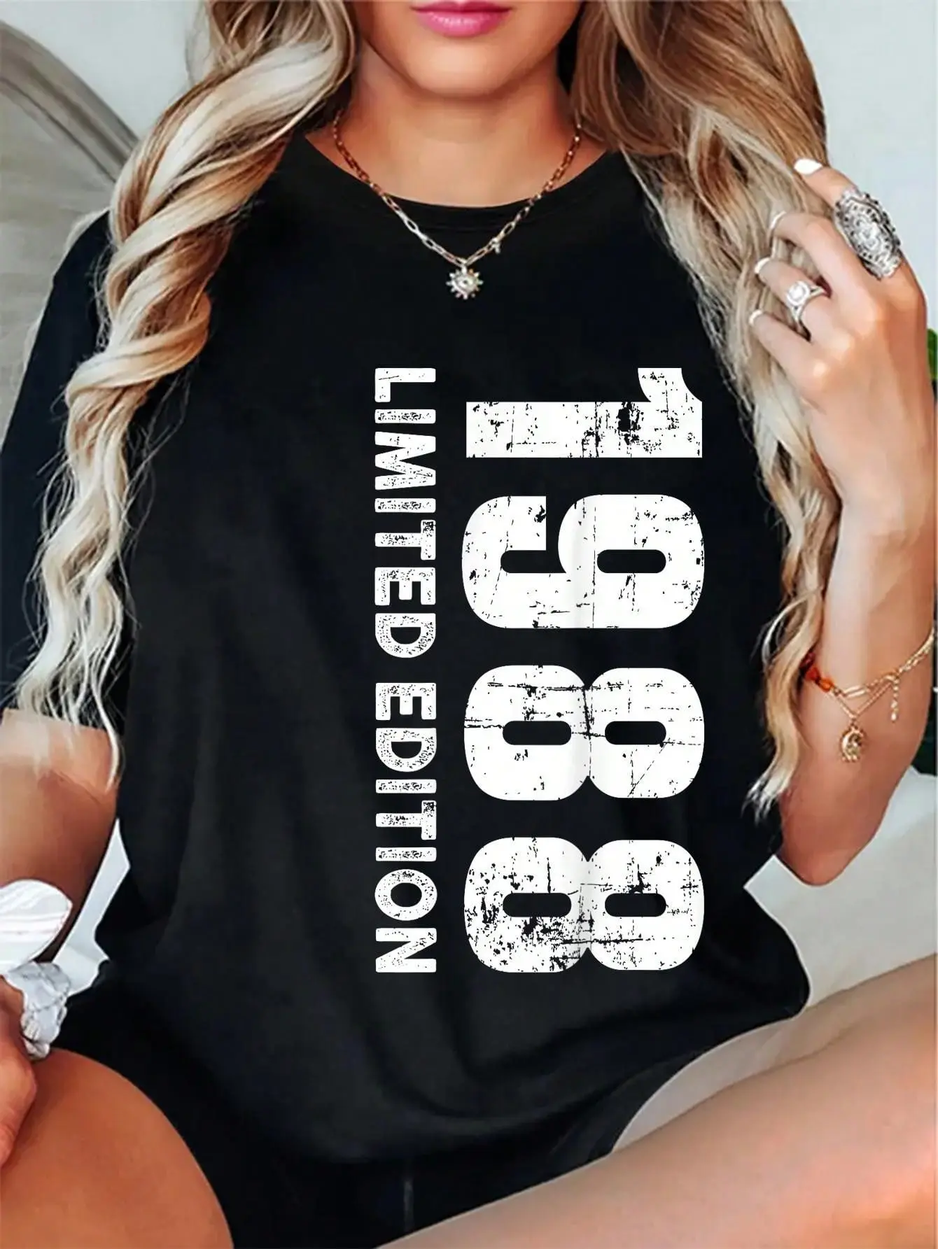 Women's 100% Cotton Super Soft 80s Baby 1988 Print Short Sleeve Round Neck Loose Fit Graphic T-Shirt - All Seasons Streetwear, Cold Wash, Do Not Bleach, Casual OOTD Capsule Wardrobe Staple