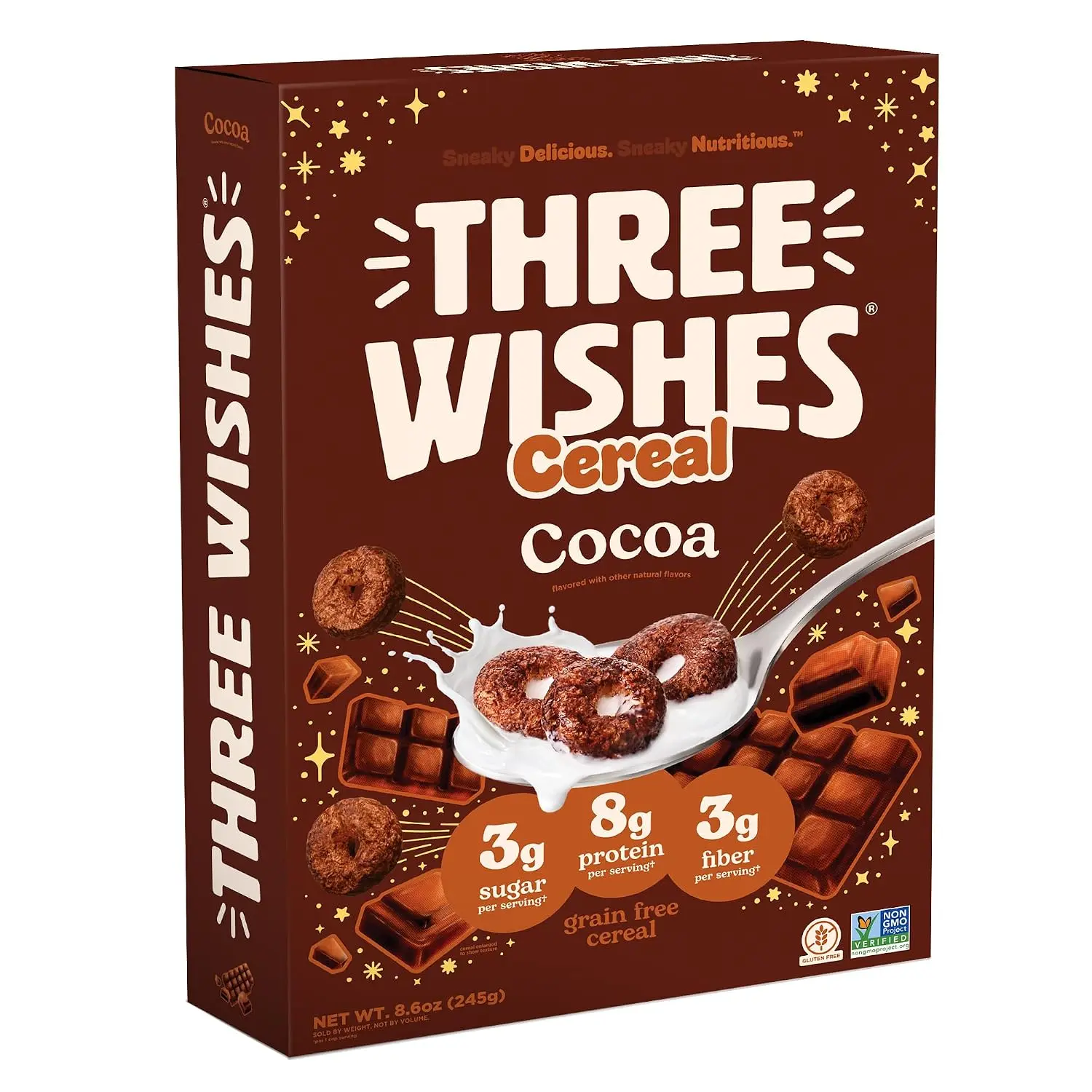 3 Wishes Cocoa Breakfast Cereal High Protein Low Sugar Gluten Free Grain Free Plant Based Vegan Non-GMO Healthy Breakfast Cereal 8g Protein 8.6 oz
