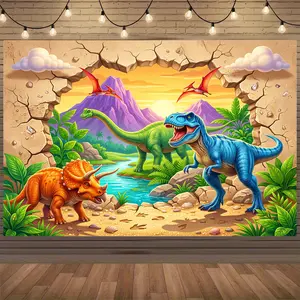 Dinosaur Scenery Backdrop with T-Rex, Brachiosaurus & Pterodactyls - Vibrant Polyester Photography Background for Birthday Parties, Outdoor Celebrations & Festive Events, Multi-Size Party Decor, Dinosaur Room Decor