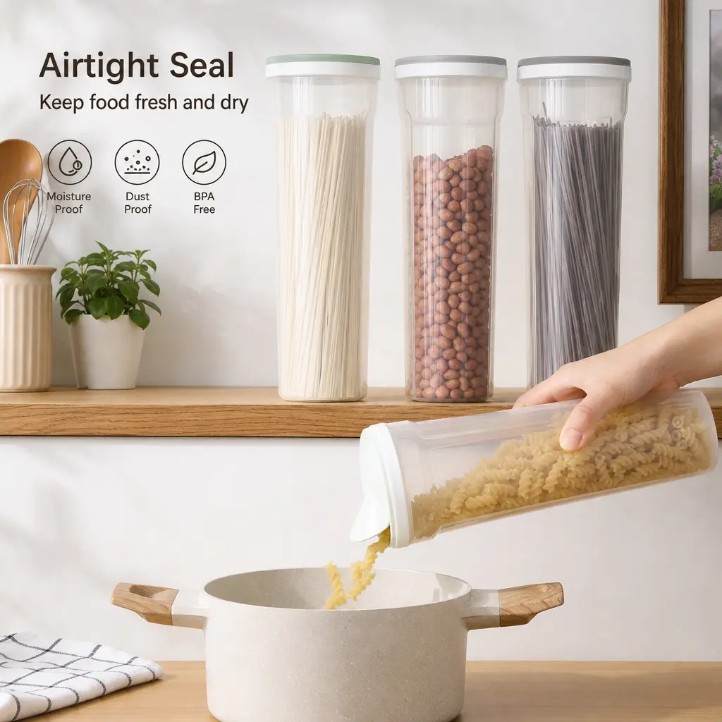 Tall Cylinder Transparent Plastic Airtight Seal Food Storage Canister with Lid, 1-Count 1.7L Large Capacity for Kitchen Grain and Dry Food Organization