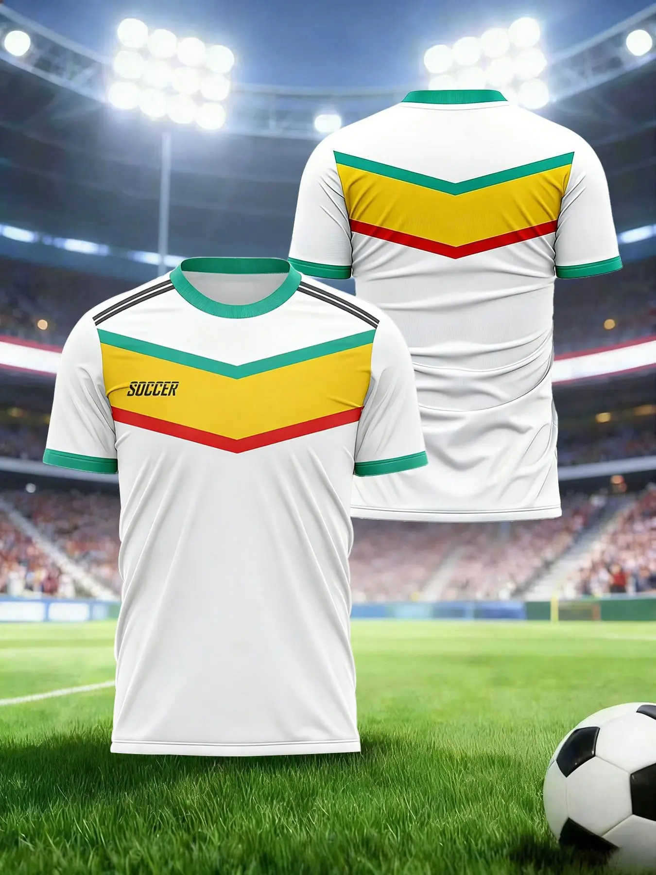 White, yellow, green and red striped fan version short-sleeved jersey, very suitable for team sports and daily casual wear