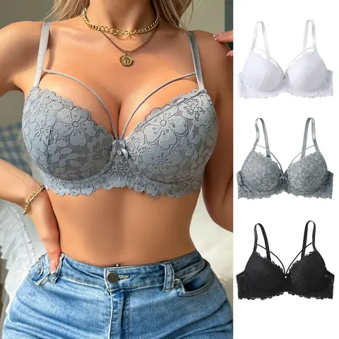 【sohochic】Women's Push-Up Lace Back Bras 3-Pack - Black, Underwire Unlined, Adjustable Straps, Soft Breathable Nylon Knit & Elastane, Non-Transparent V-Neck, All Seasons, Everyday Sexy Style, Size A, Valentine's Day Option, Do Not Dry Clean