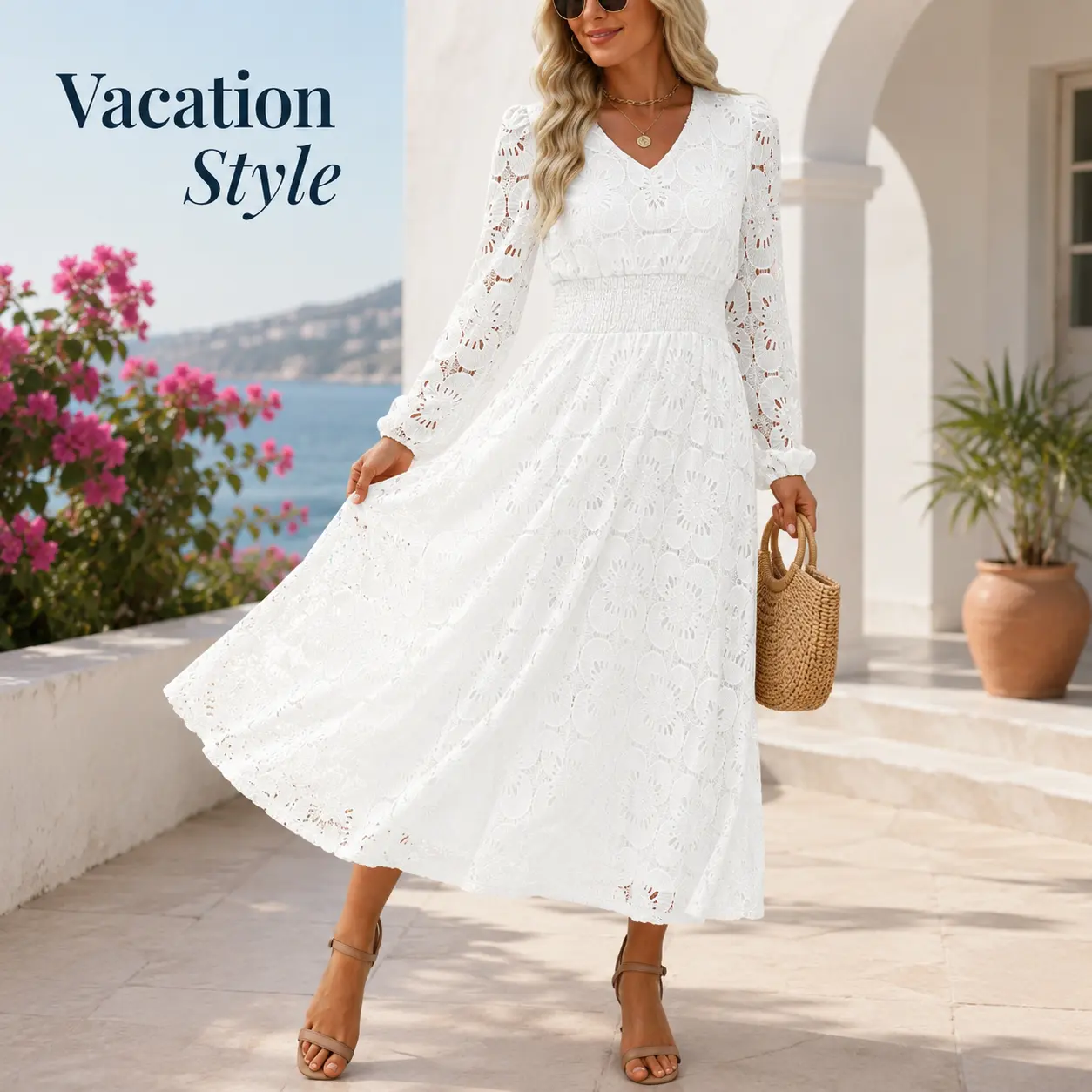 Women's Elegant Eyelet Lace Floral Maxi Dress - V-Neck Long Puff Sleeve, Smocked Waist A-Line, Lady's Year-Round Party Wear Wedding Guest Dress with Pockets
