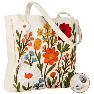 Miss Adola Embroidery Canvas Tote Bag for Women - Reusable Tote with Buckle Aesthetic Cute Shoulder Bag for Shopping, Grocery