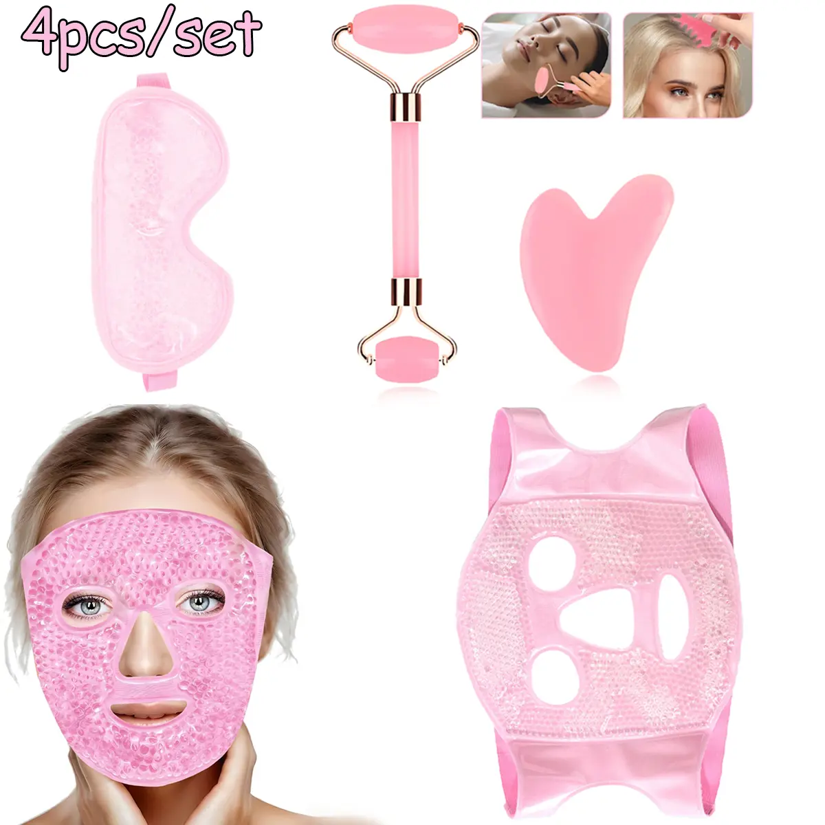 4-piece set of facial ice massage tools, including dual head facial massage rollers, heart-shaped scraping plates, and facial eye mask ice packs. This reusable skincare set is suitable for reducing puffiness, eye bags, swollen dark circles, and migraines